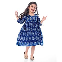Babyhug Cotton Woven Three Fourth Sleeves Front Open Ethnic Dress with Motif Print - Navy Blue