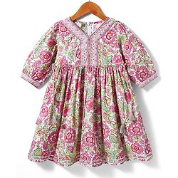 Babyhug Cotton Woven Three Fourth Sleeves Ethnic Dress With Floral Print - Pink