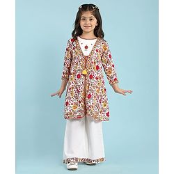 Babyhug Cambric Woven Three Fourth Sleeves Embroidered Top Palazo Set With Floral Embroidery & Printed Jacket - White