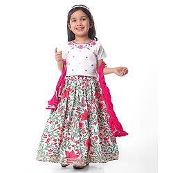 Babyhug Cotton Woven Half Sleeves  Cambric Floral Embroidered Choli Lehenga & Dupatta Set with Lace & Sequin Detailing - White