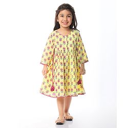Babyhug Cotton Woven Three Fourth Sleeves Floral Printed Front Open Ethnic Dress - Light Yellow