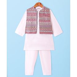 Babyhug Woven Full Sleeves Solid Colour Kurta Pyjama Set with Floral Embroidered Nehru Jacket - Beige