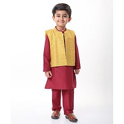 Babyhug Woven Full Sleeves Solid Kurta Pajama & Floral Embroidered Jacket Set - Maroon