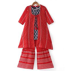 Babyhug Woven Foil Printed Kurti With Lurex Pintucked Gharara and Three Fourth Sleeves Jacket Set - Red & Navy