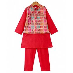 Babyhug Cotton Woven Full Sleeves Solid Kurta Pyjama Set with Sequin Embroidered Jacket - Red