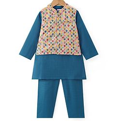 Babyhug Woven Full Sleeves Solid Kurta Pyjama Set With Sequins Embroidered Jacket - Teal Blue