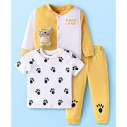 Babyhug Terry Knit Full Sleeves Front Open and Pullover T-Shirts With Pant & Animal Print - Yellow