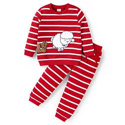 Babyhug Terry Knit Full Sleeves T-Shirt & Lounge Pants Set With Animal Embroidery & Stripes - Red