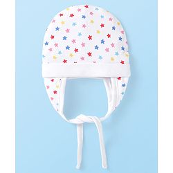 Babyhug 100% Cotton Knit Polka Dots Print Cap With Knot White - Diameter 9 cm