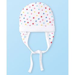 Babyhug 100% Cotton Knit Polka Dots Print Cap With Knot White - Diameter 9 cm