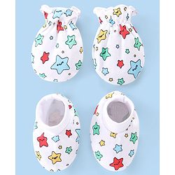 Babyhug 100% Cotton Knit Stars Print Mittens and Booties - White