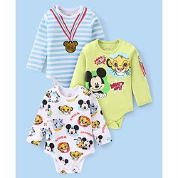 Babyhug Disney Interlock Knit Full Sleeves Onesies With Mickey Mouse Graphics Pack of 3 - Blue Green & White