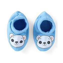 Babyhug 100% Cotton Knit Mittens & Booties Bear Print - Blue