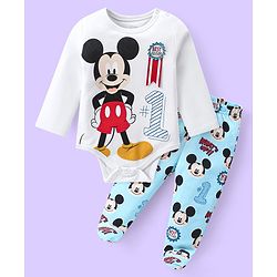 Babyhug Disney Interlock Knit Full Sleeves Onesie Set With Diaper Leggings & Mickey Mouse Graphics Badge Applique - White