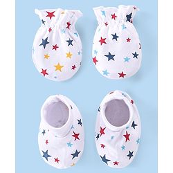 Babyhug 100% Cotton Knit Star Print Mittens and Booties - White