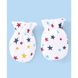 Babyhug 100% Cotton Knit Star Print Mittens and Booties - White