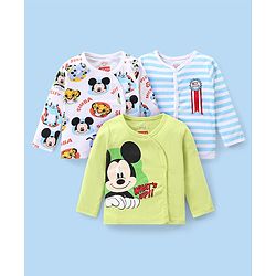 Babyhug Disney Interlock Knit Full Sleeves Jhablas With Mickey Mouse Graphics & Badge Applique Pack of 3 - Blue White & Green