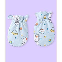 Babyhug 100% Cotton Knit Space Theme Printed Mittens & Booties - Light Blue