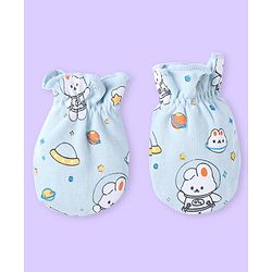 Babyhug 100% Cotton Knit Space Theme Printed Mittens & Booties - Light Blue