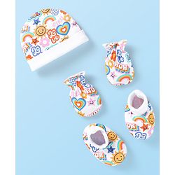 Babyhug 100% Cotton Knit Cap Mittens & Booties Set with Sun Heart & Text Print - White