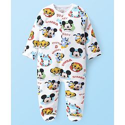 Babyhug Disney Interlock Knit Full Sleeves Front Open Footed Sleep Suit with Mickey Mouse Graphics - White