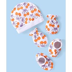 Babyhug 100% Cotton Cap Mittens And Booties Fruit  Printed - White