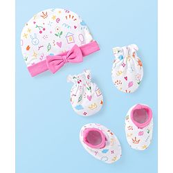 Babyhug 100% Cotton Knit Cap Mittens & Booties With Bow Applique Pink & White - Diameter 9 cm