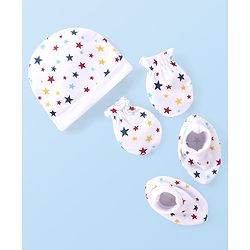 Babyhug 100% Cotton Interlock Knit Cap Mitten & Booties with Star   Print -White