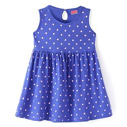 Babyhug Single Jersey Sleeveless Knee Length Frock with Hearts Print - Blue