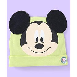 Babyhug Disney Interlock Knit Winter Cap with Mickey Mouse Applique - Light Green