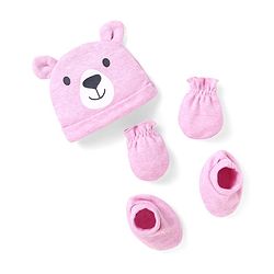 Babyhug 100% Cotton Knit Cap Mittens & Booties With Bear Applique Pink - Diameter 9 cm