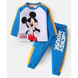 Babyhug Disney Cotton Knit Full Raglan Sleeves T-Shirt & Joggers Set with Mickey Mouse Print - Blue
