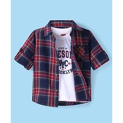 Babyhug Cotton Woven Full Sleeves Shirt With Checks & Printed Inner Tee - Navy & Wine