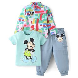 Babyhug Disney Cotton Knit Full Sleeves Shirt & Lounge Pant Set With T-Shirt & Mickey Mouse Graphics - Light Blue