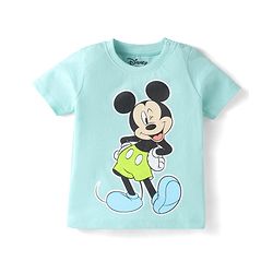 Babyhug Disney Cotton Knit Full Sleeves Shirt & Lounge Pant Set With T-Shirt & Mickey Mouse Graphics - Light Blue