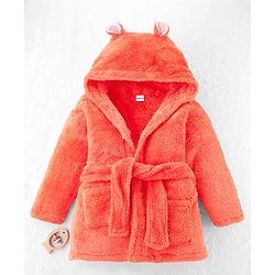 Babyhug Velour  Knit Full Sleeves Hooded Bath Robe With Ear Flaps - Orange