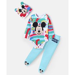 Babyhug Disney Interlock Knit Full Sleeves Onesies With Leggings & Cap 3D Ear Mickey Mouse Graphics & Applique - Blue & Red