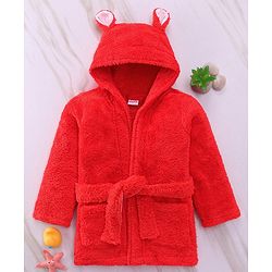 Babyhug Velour Cotton Knit Full Sleeves Hooded Bath Robe With Ear Flaps - Red