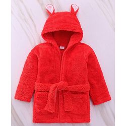Babyhug Velour Cotton Knit Full Sleeves Hooded Bath Robe With Ear Flaps - Red