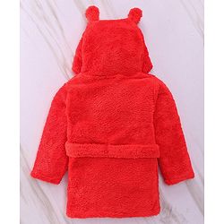Babyhug Velour Cotton Knit Full Sleeves Hooded Bath Robe With Ear Flaps - Red
