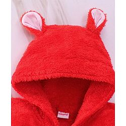 Babyhug Velour Cotton Knit Full Sleeves Hooded Bath Robe With Ear Flaps - Red