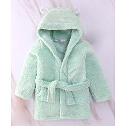 Babyhug Velour  Knit Full Sleeves Hooded Bath Robe With Ear Flaps - Sea Green