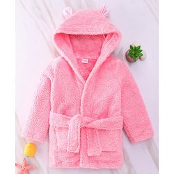 Babyhug Velour  Knit Full Sleeves Hooded Bath Robe With Ear Flaps - Pink