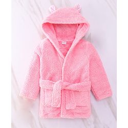 Babyhug Velour  Knit Full Sleeves Hooded Bath Robe With Ear Flaps - Pink