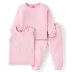 Babyhug Full Sleeves Solid Colour Thermal Pullover Vests & Pant Set - Pink
