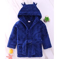 Babyhug Velour  Knit Full Sleeves Hooded Bath Robe With Ear Flaps - Navy Blue