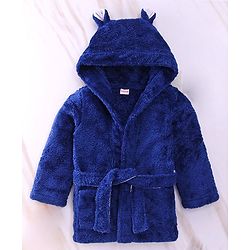 Babyhug Velour  Knit Full Sleeves Hooded Bath Robe With Ear Flaps - Navy Blue