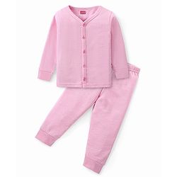 Babyhug Full Sleeves Solid Colour Thermal Vest & Pant Set - Pink