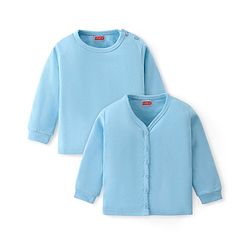 Babyhug Cotton Full Sleeves Solid Colour Pullover & Front Open Thermal Vests Pack of 2 - Light Blue