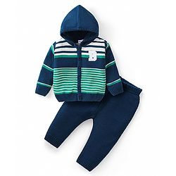 Babyhug Knitted Full Sleeves Front Open Hooded Sweater Set with Striped Design & Alphabet Patch - Navy Blue & Green